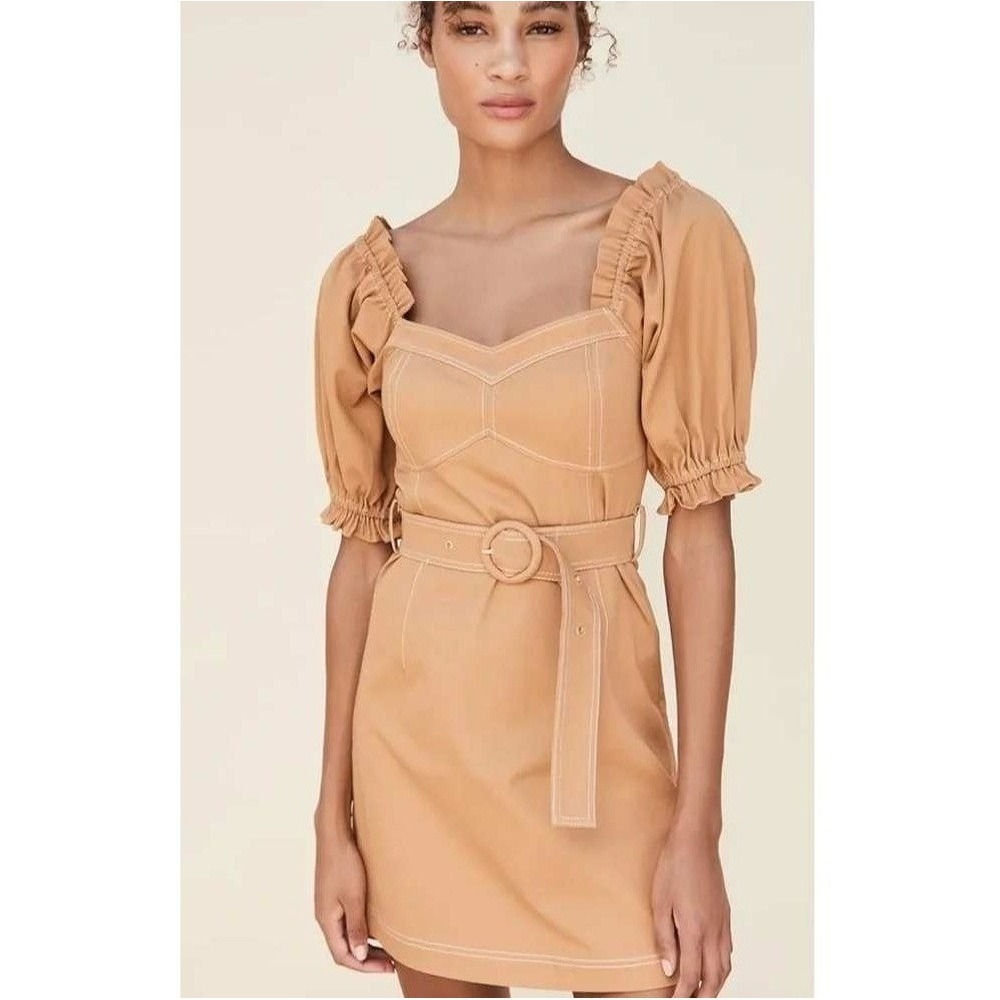 Suboo Tan Cotton balloon Puff Sleeve Belted Mini Dress Women Size Small